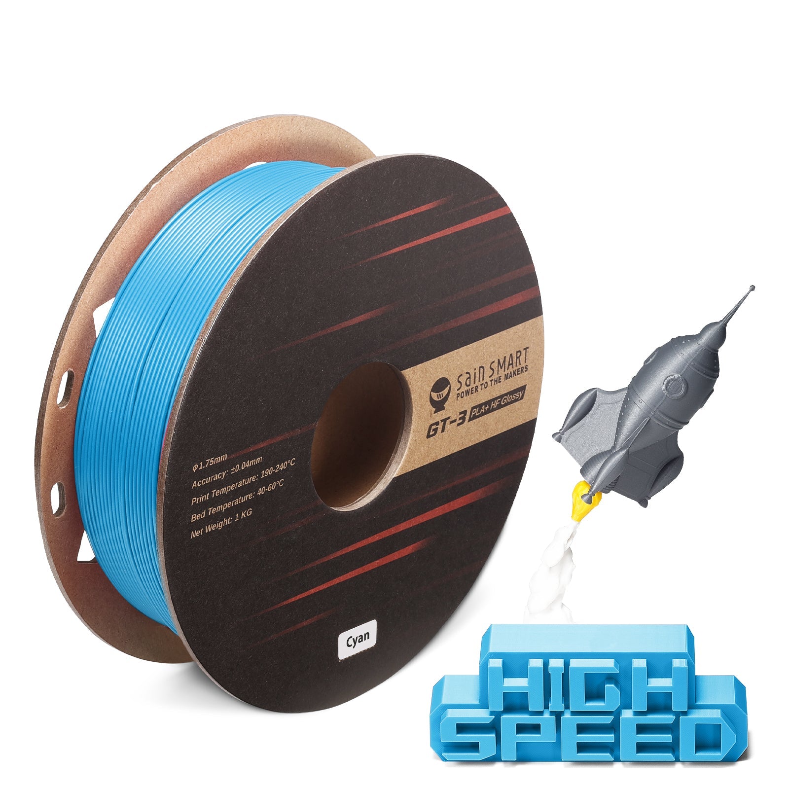 GT-3 Hochgeschwindigkeits-Glanz-PLA+-Filament 1.75mm, 1KG, ±0.04mm, Cyan/Magenta/Gelb/Silber