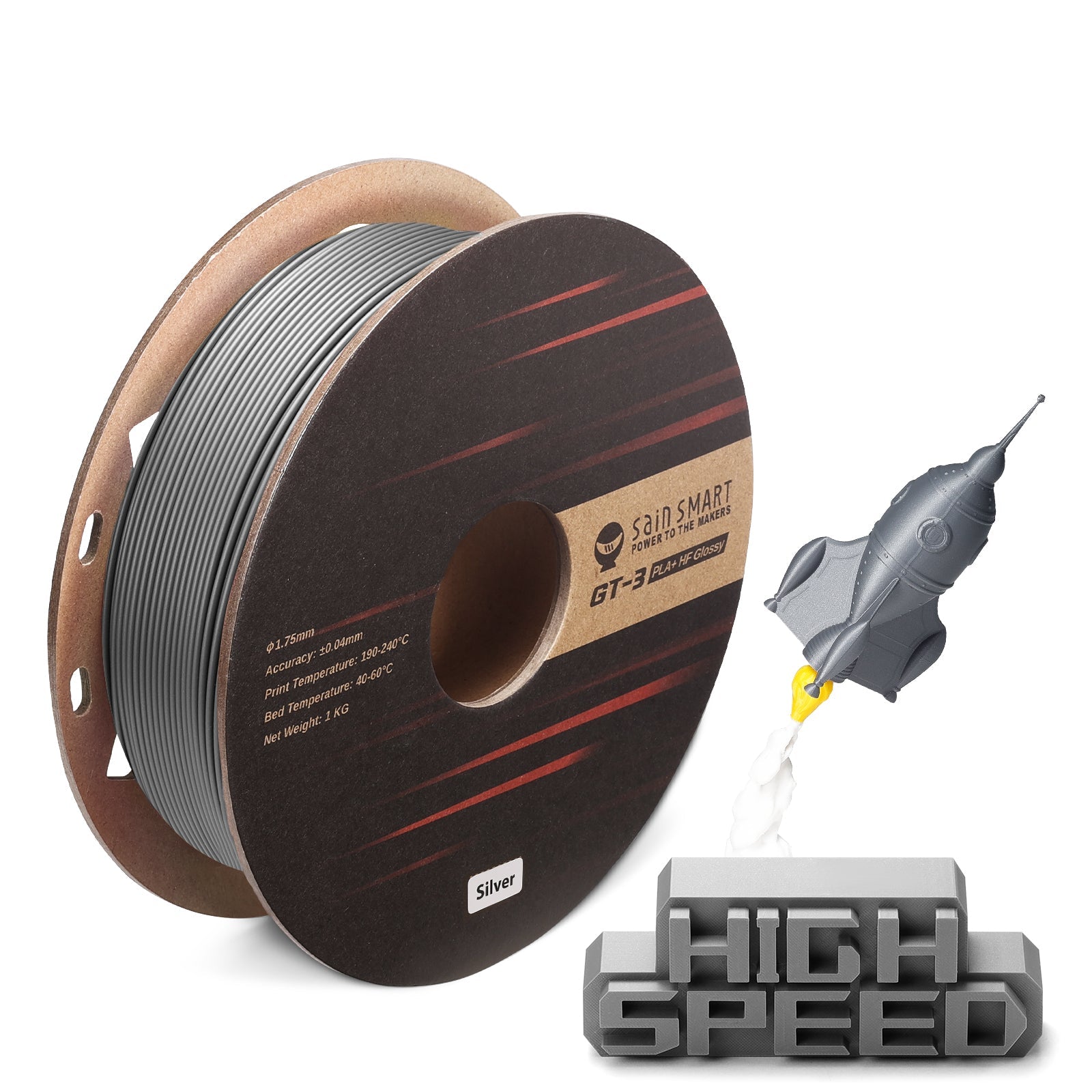 GT-3 Hochgeschwindigkeits-Glanz-PLA+-Filament 1.75mm, 1KG, ±0.04mm, Cyan/Magenta/Gelb/Silber