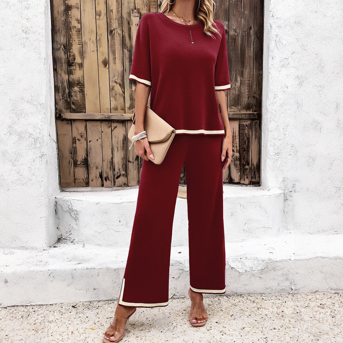 Mode Damen Frühling und Sommer Temperament lässiger kurzärmeliger Strickanzug