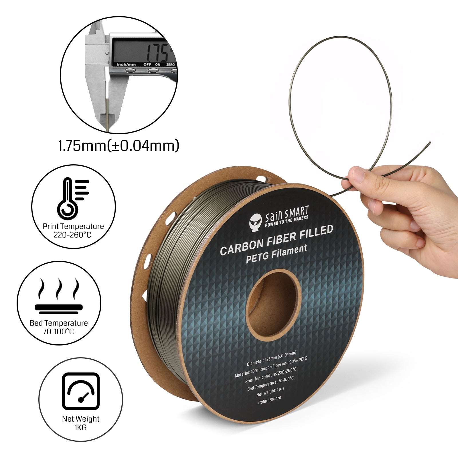 Schwarzes Bronze-Kohlefaser-PETG-Filament, 1,75 mm, Genauigkeit +/-0,04 mm, 1 kg (2,2 lbs)