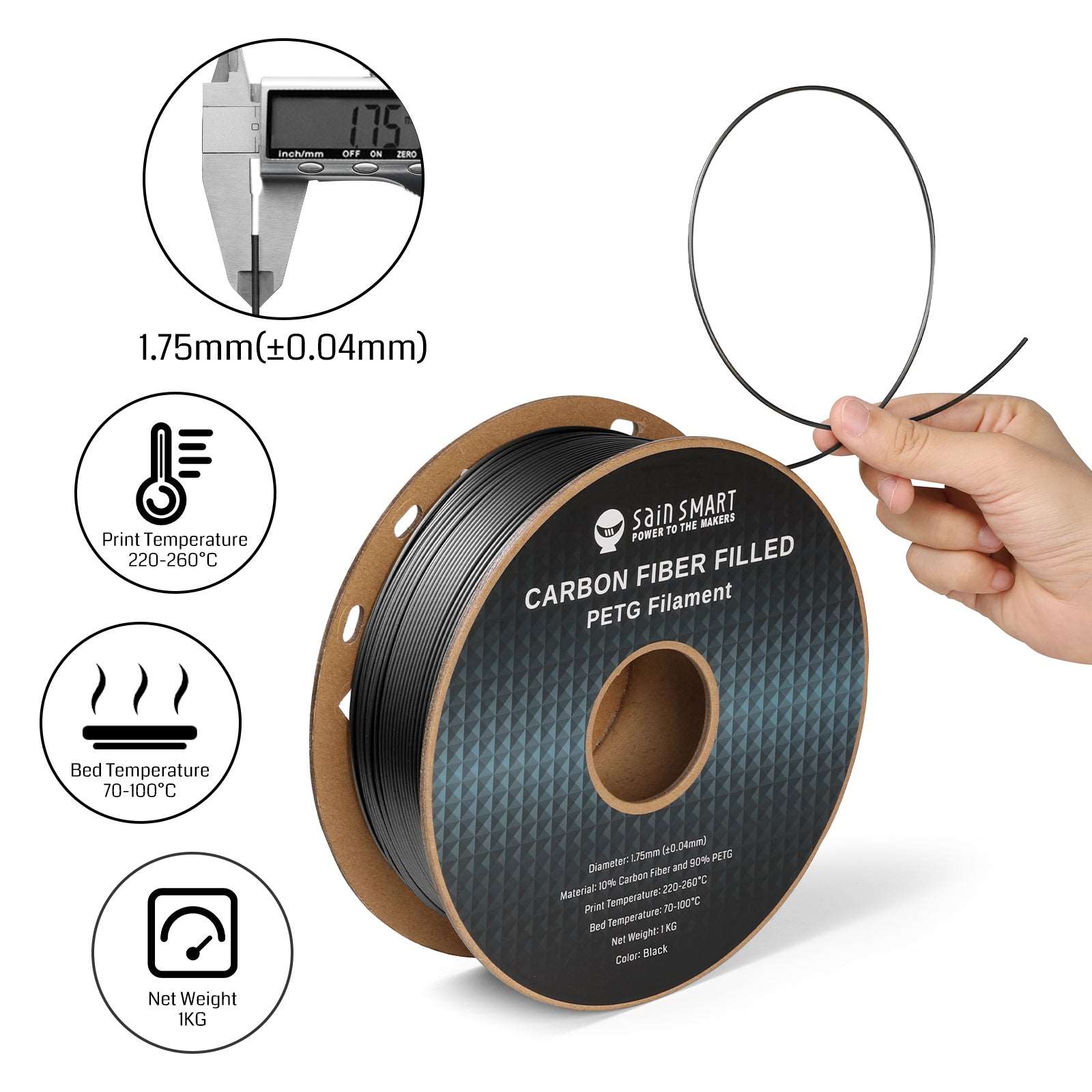 Schwarzes Bronze-Kohlefaser-PETG-Filament, 1,75 mm, Genauigkeit +/-0,04 mm, 1 kg (2,2 lbs)