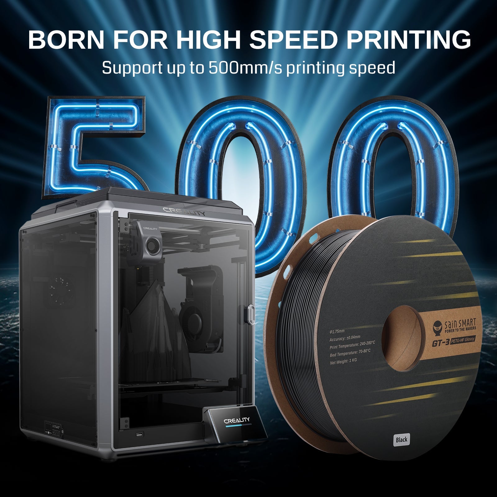 GT-3 High-Speed PETG Filament, glänzend, 1,75mm, +/-0,04mm, 1KG, Schwarz Weiß Transparent