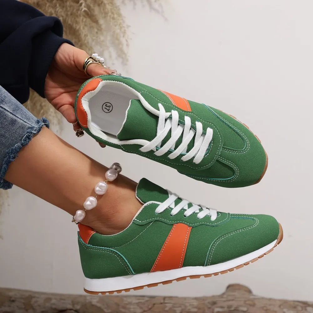 PU-Leder Kontrastfarbene Zehenkappen Runde Zehenpartie Flats Sneakers
