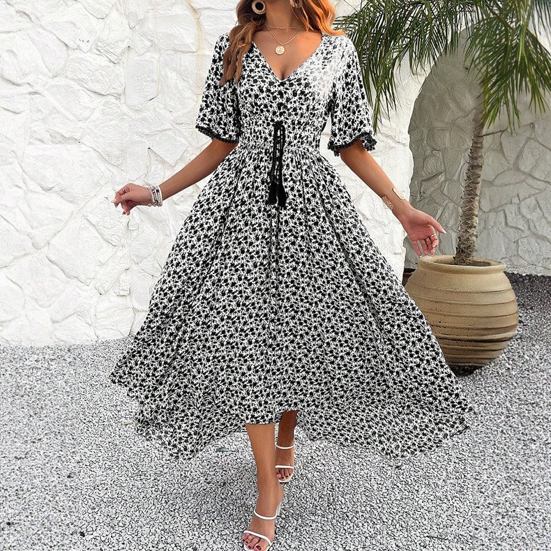 Frühling/Sommer Damen V-Ausschnitt Hohe Taille Elegantes Bedrucktes Kleid
