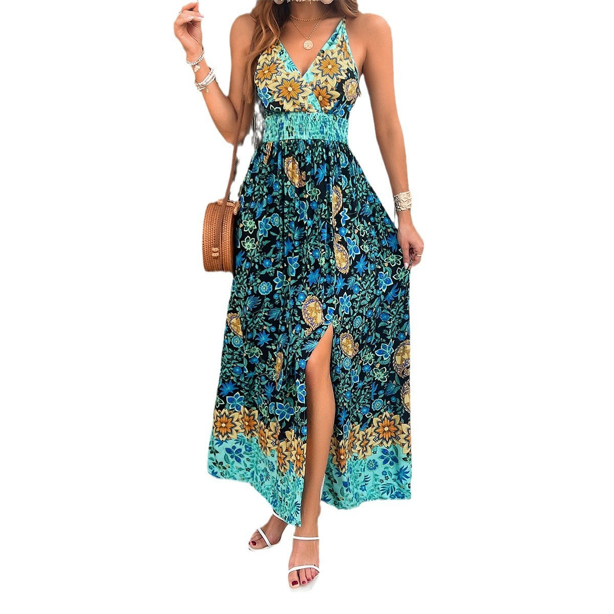 Europäisches und amerikanisches Damen-Sommerkleid mit bedruckten Spaghettiträgern