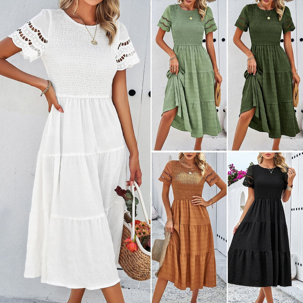 Robe plissée évidée unie, tempérament printemps-été