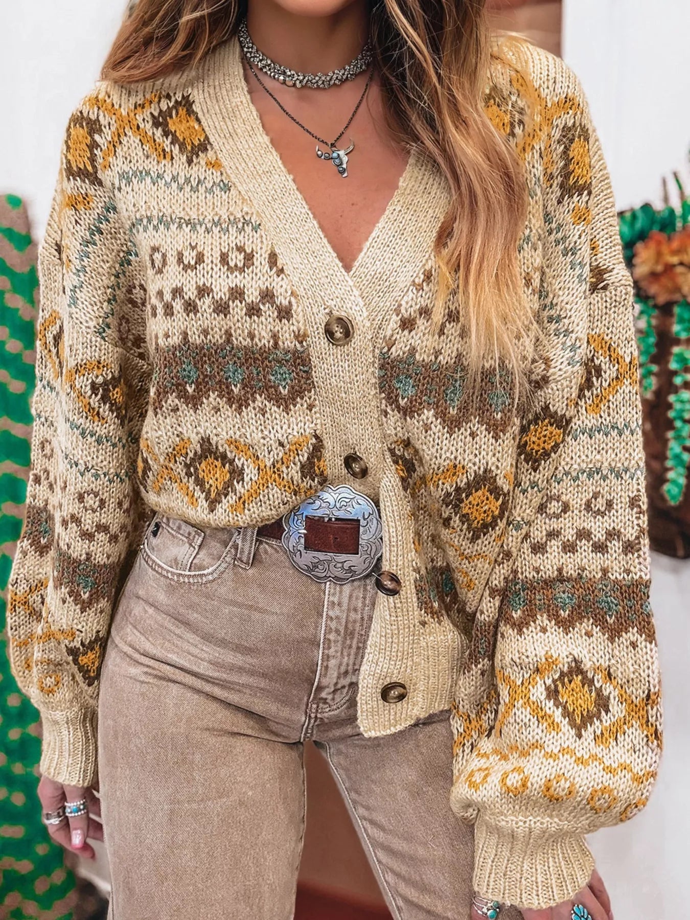 Cardigan boutonné à col en V en maille de style occidental