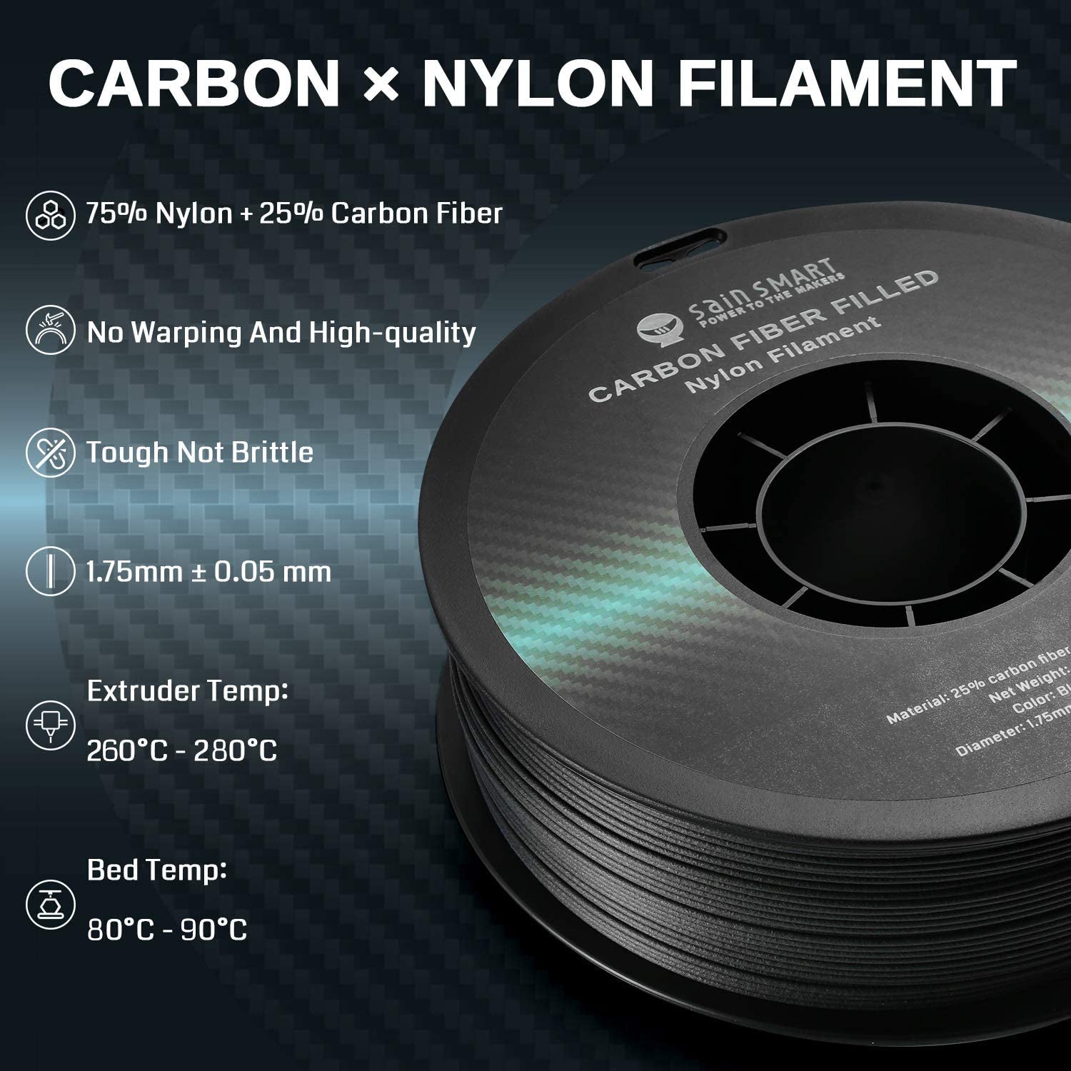 [Offene Verpackung] Nylon+ Kohlefaser Filament 1.75mm 1kg/2.2lb, Schwarz