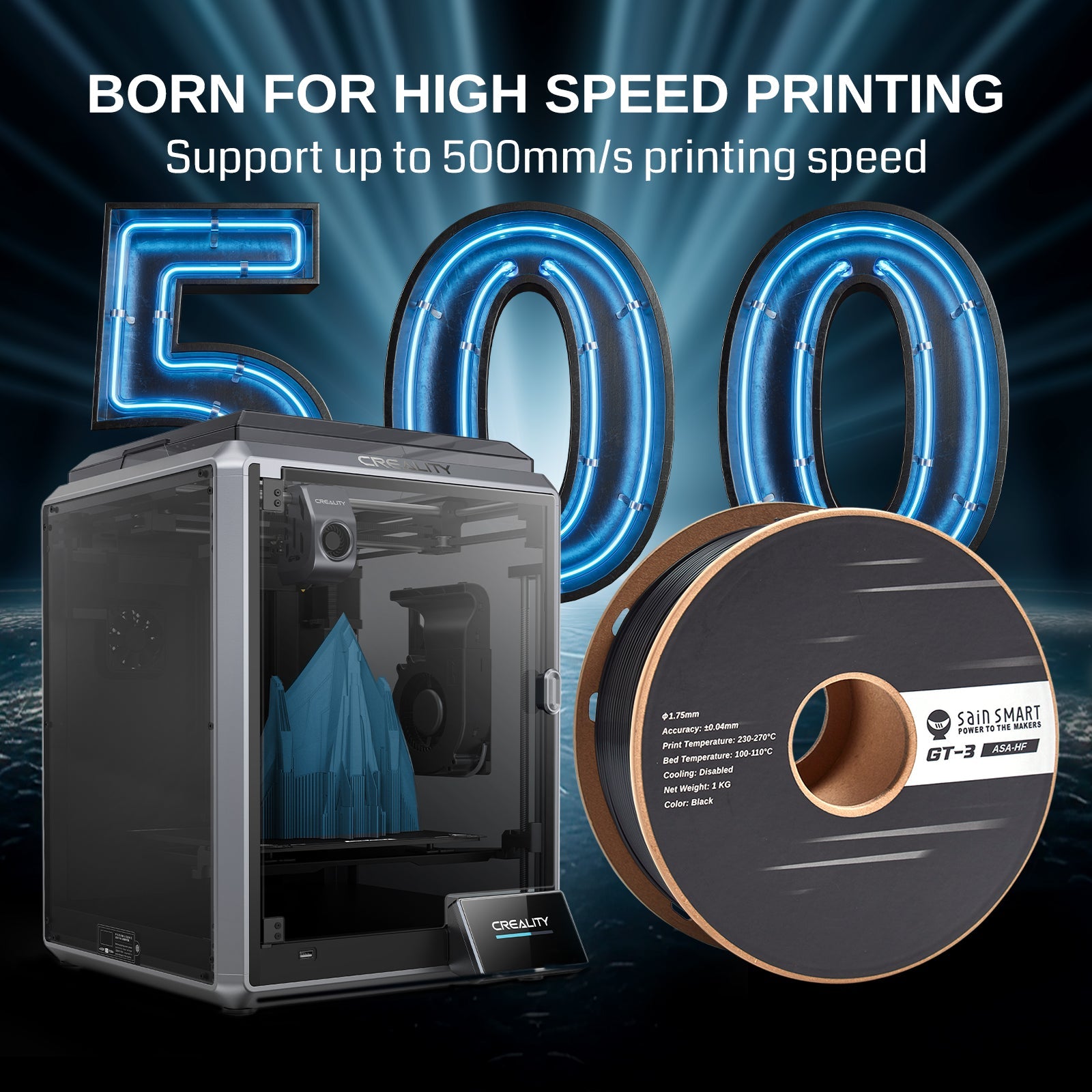 Filament ASA GT-3 haute vitesse, 1,75 mm noir, résistant aux UV et aux intempéries, adapté aux pièces fonctionnelles extérieures, 1 kg, précision +/- 0,04 mm