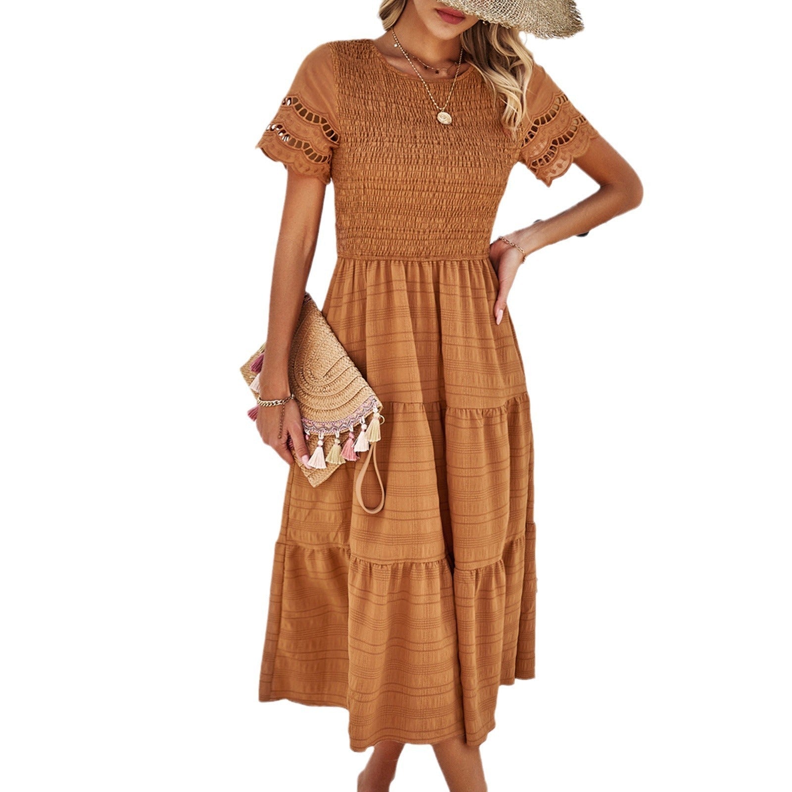 Robe plissée évidée unie, tempérament printemps-été