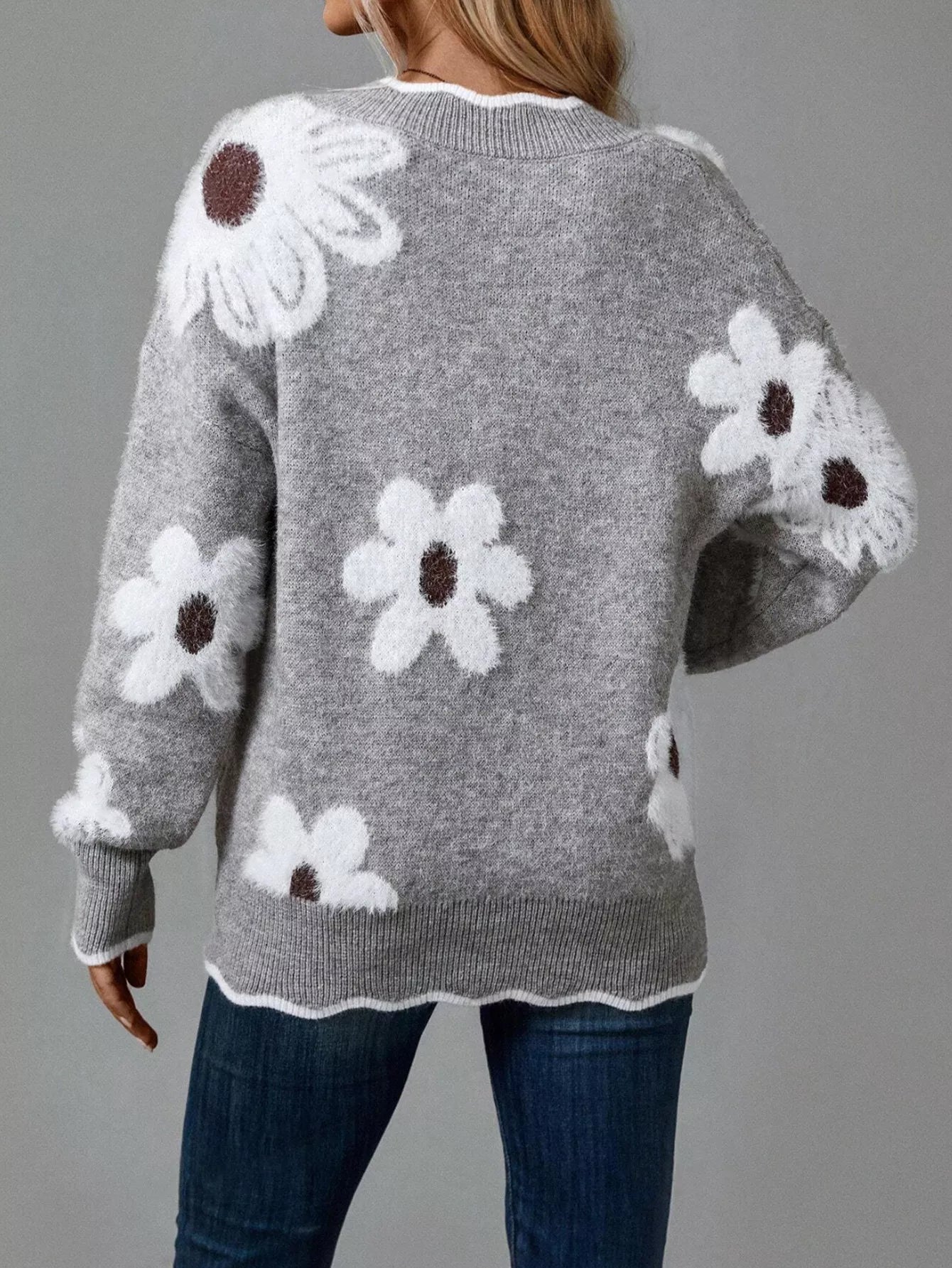 Geblümter V-Ausschnitt Langarm-Pullover