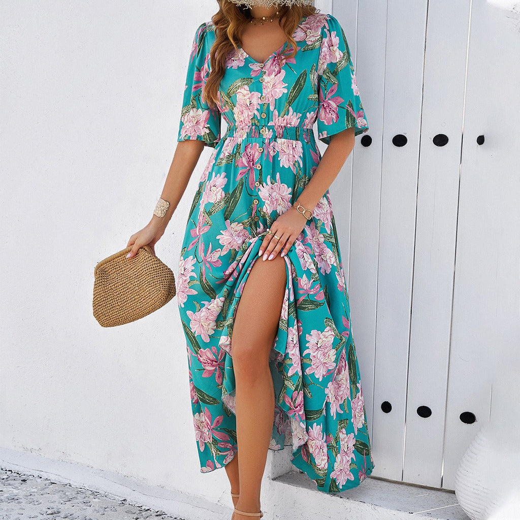 Damen Frühling/Sommer Urlaub Lässig Bedrucktes Schlitzkleid