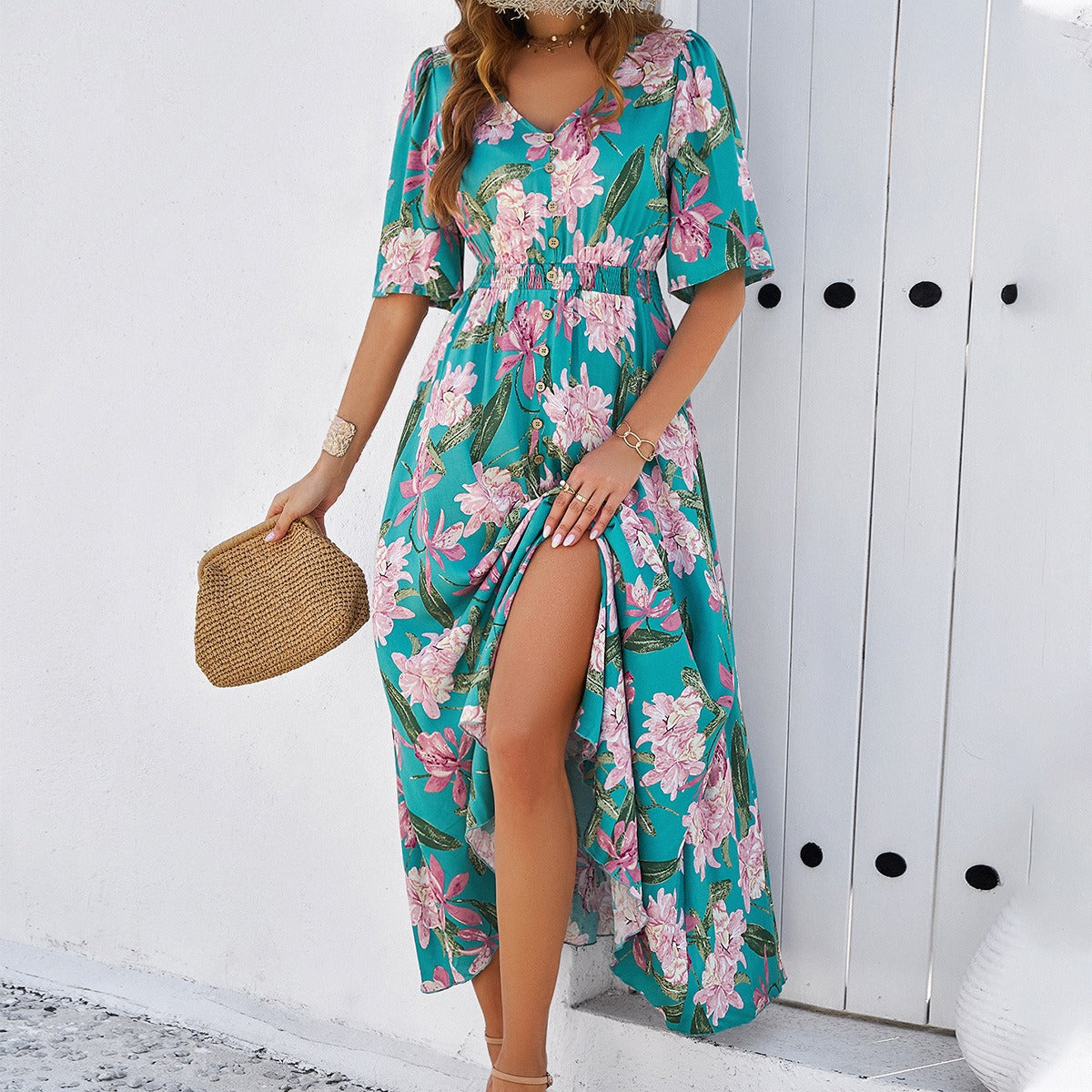 Damen Frühling/Sommer Urlaub Lässig Bedrucktes Schlitzkleid