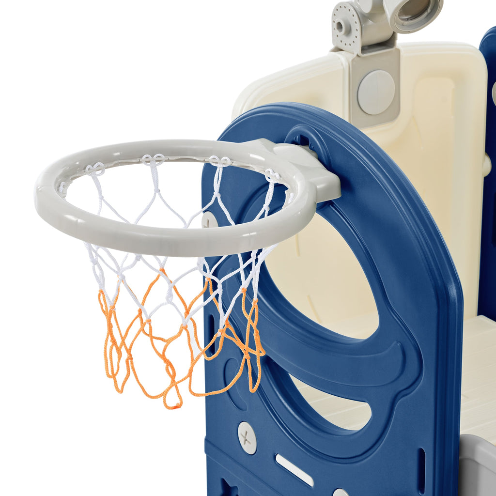 Kinderrutsche Spielplatzstruktur 7-in-1, freistehendes Raumschiff-Set mit Rutsche, Bogentunnel Blau+Grau + HDPE