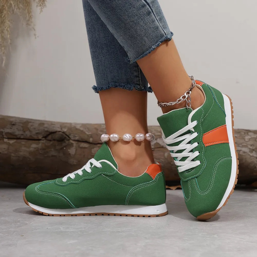 PU-Leder Kontrastfarbene Zehenkappen Runde Zehenpartie Flats Sneakers