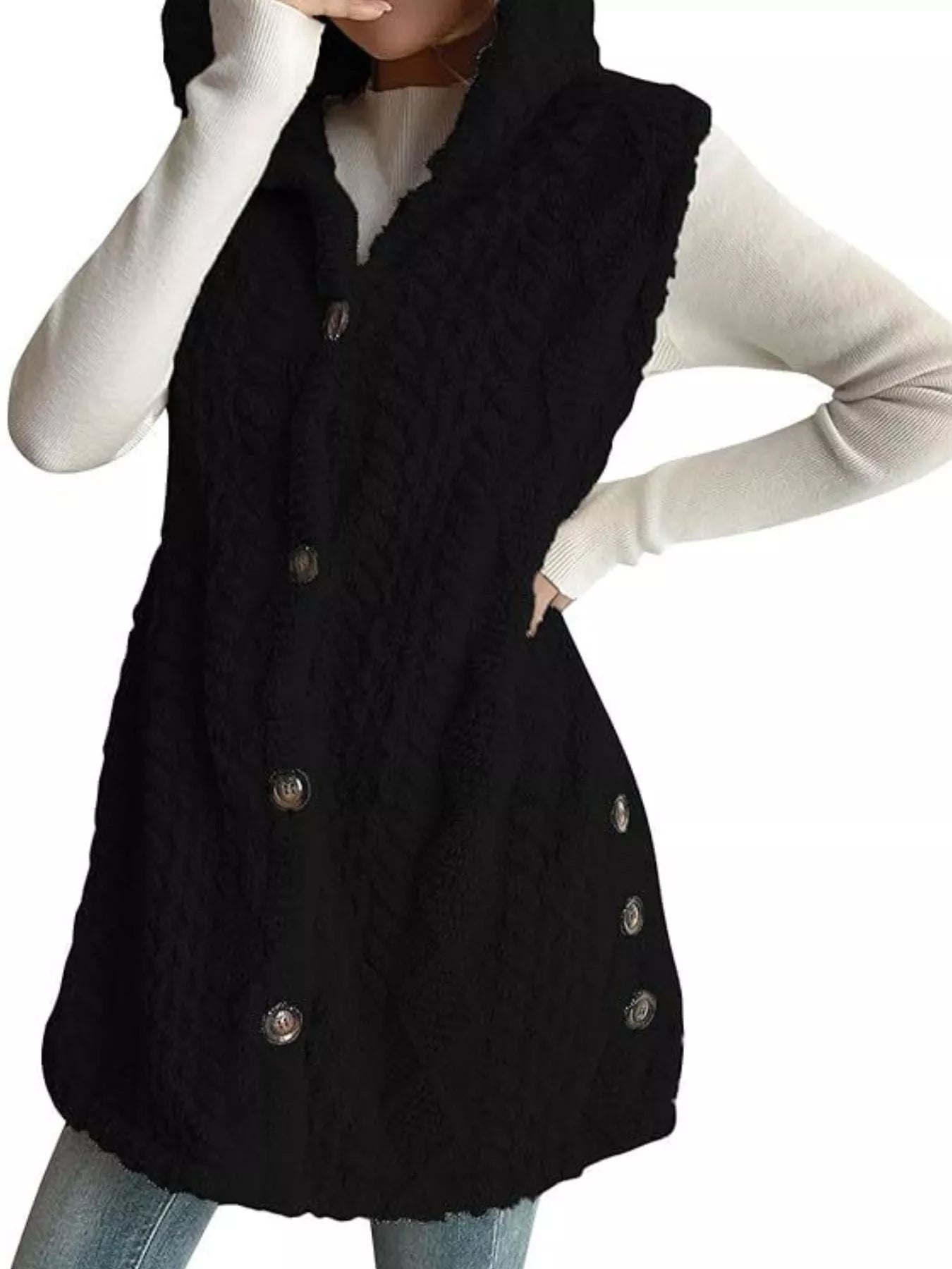 Manteau sans manches à capuche en sherpa boutonné