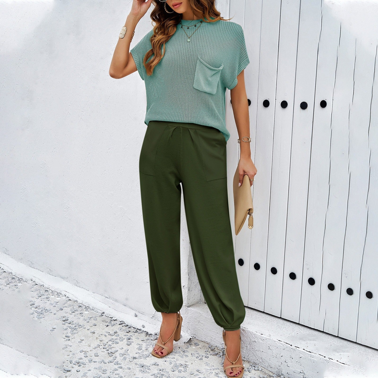 Ensemble pantalon en laine décontracté de couleur unie pour femme Printemps/Été