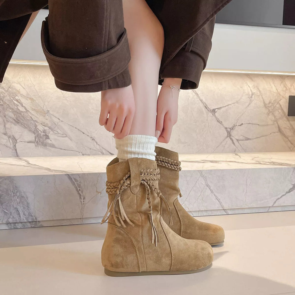Bottes à bout rond en suède à franges
