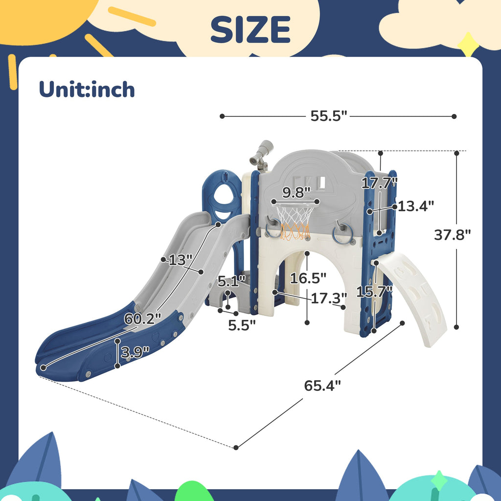 Kinderrutsche Spielplatzstruktur 7-in-1, freistehendes Raumschiff-Set mit Rutsche, Bogentunnel Blau+Grau + HDPE