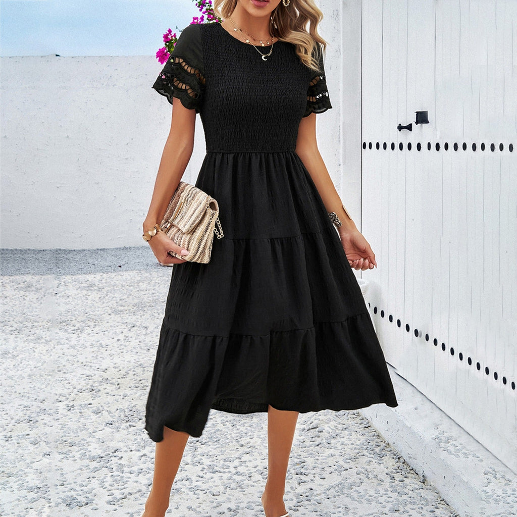 Robe plissée évidée unie, tempérament printemps-été