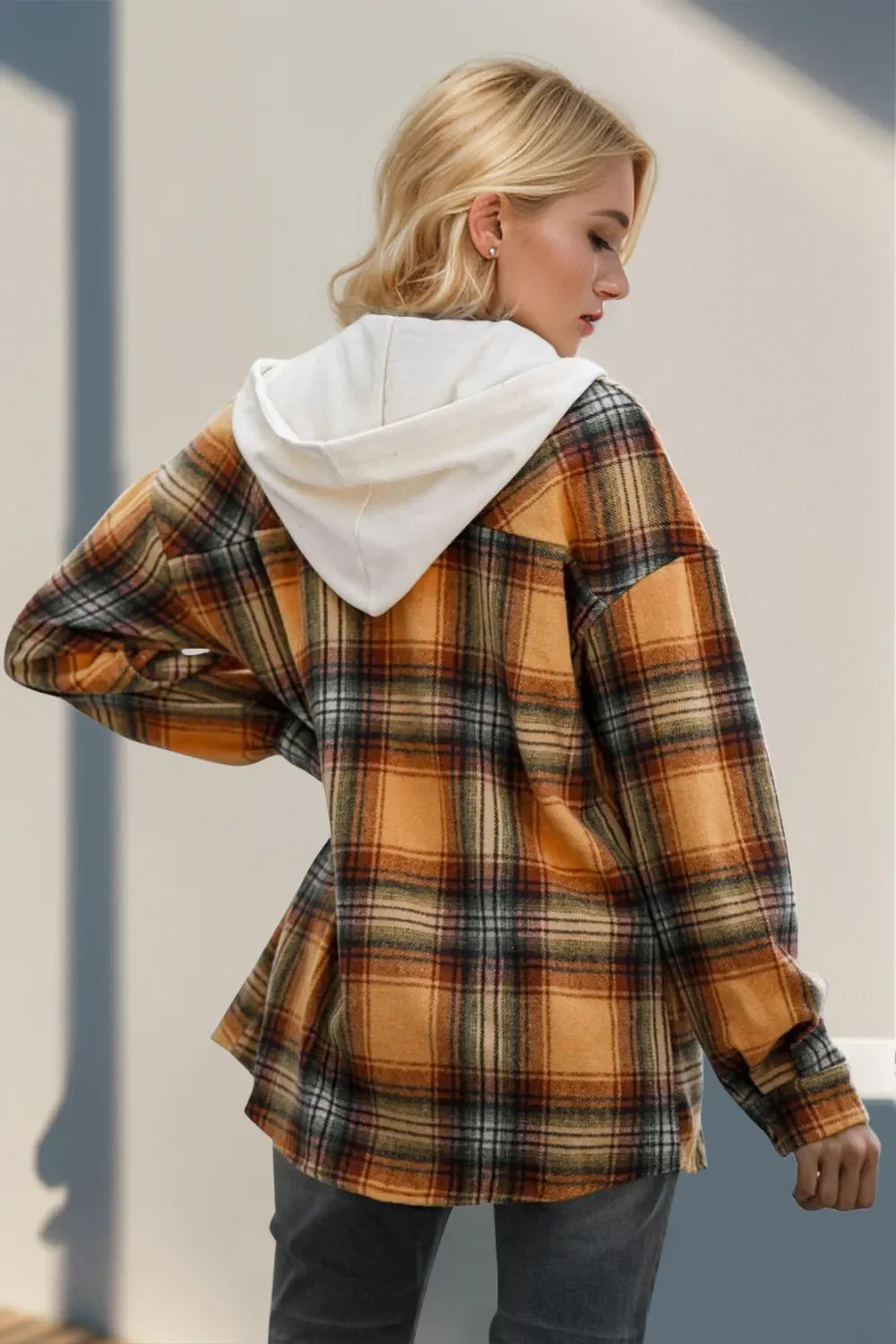 Double Take Plaid-Langarm-Kapuzenshacket mit Tunnelzug