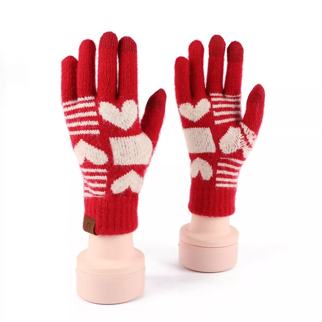 Gants tactiles en tricot motif cœur