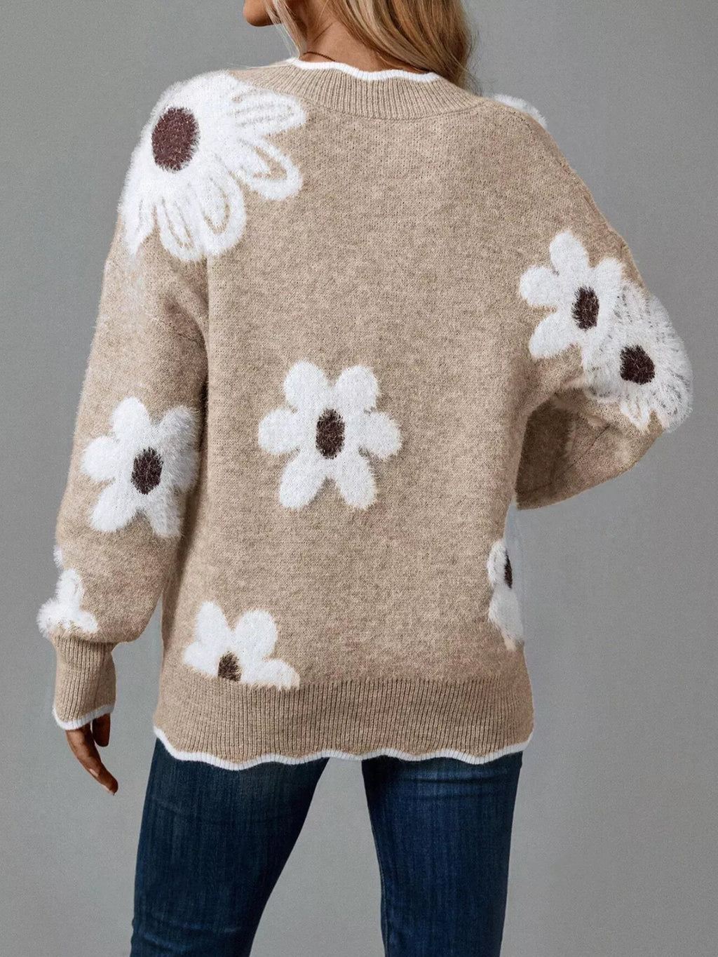Geblümter V-Ausschnitt Langarm-Pullover