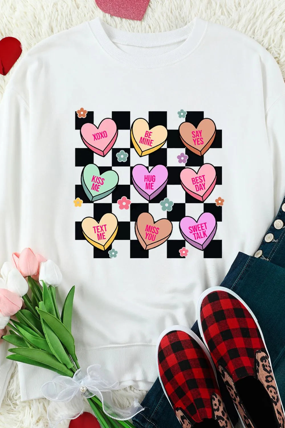 Sweat-shirt à manches longues et motif cœur à carreaux pour la Saint-Valentin