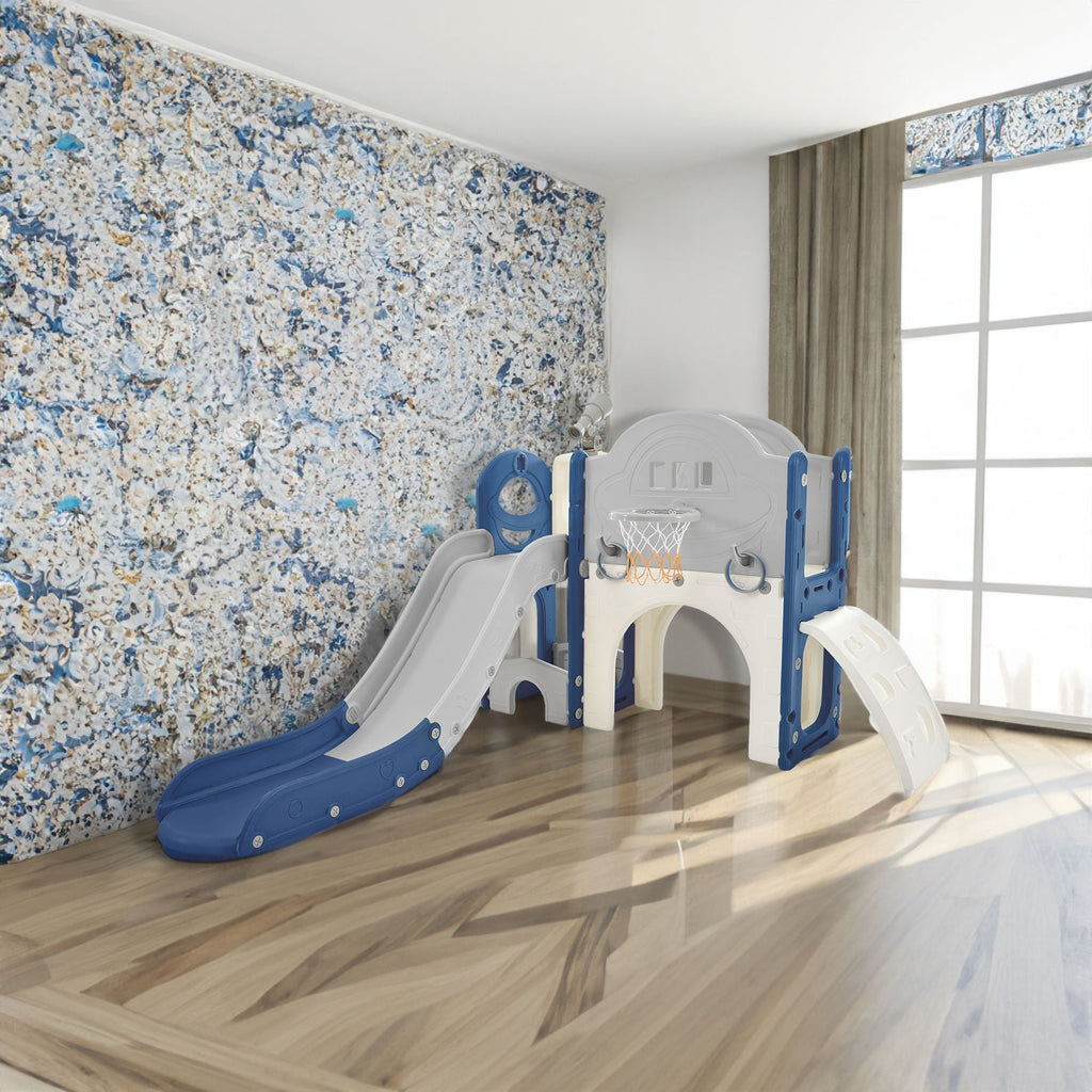 Kinderrutsche Spielplatzstruktur 7-in-1, freistehendes Raumschiff-Set mit Rutsche, Bogentunnel Blau+Grau + HDPE