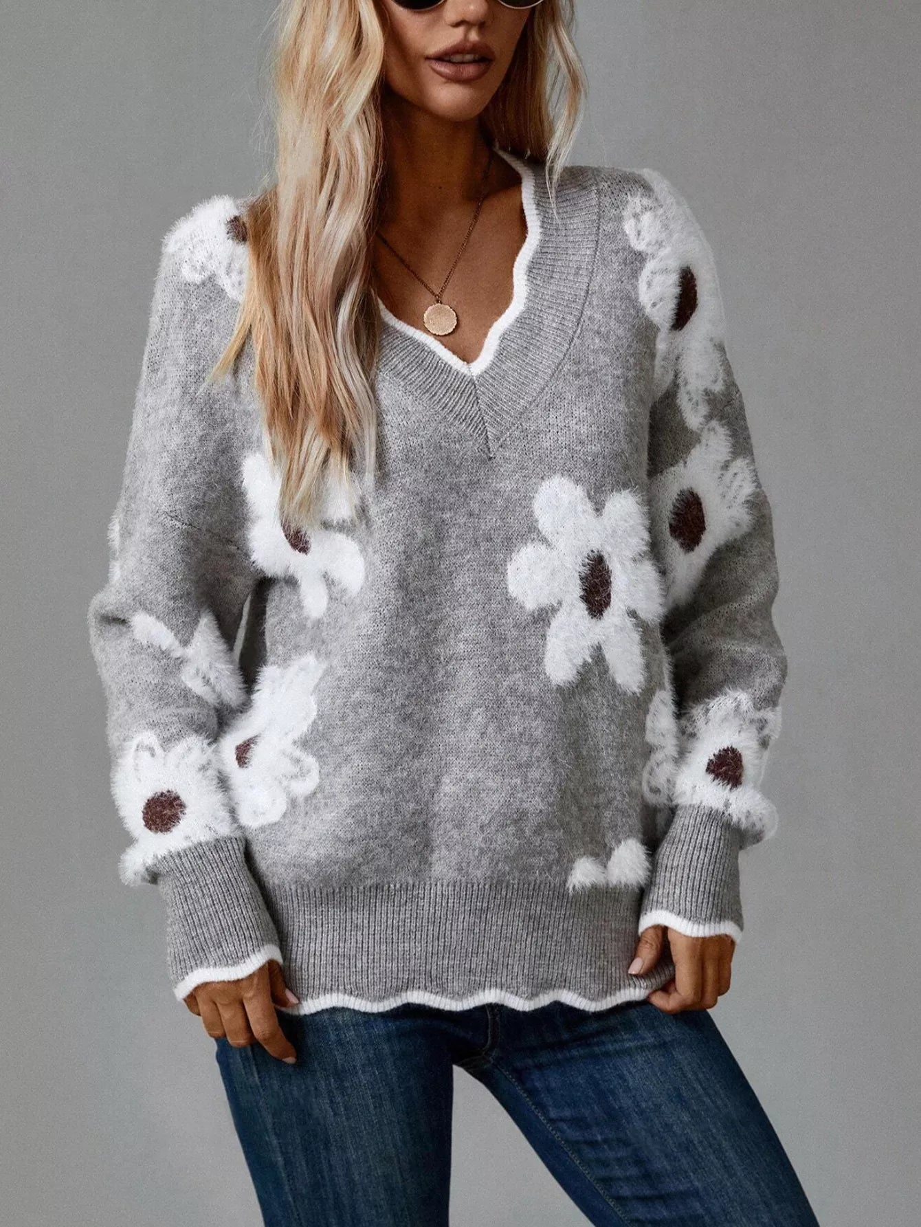 Geblümter V-Ausschnitt Langarm-Pullover