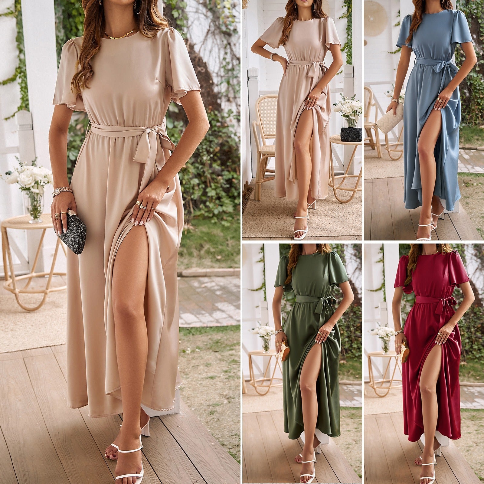 Robe avec un tempérament printemps et été, robe fendue unie à lacets