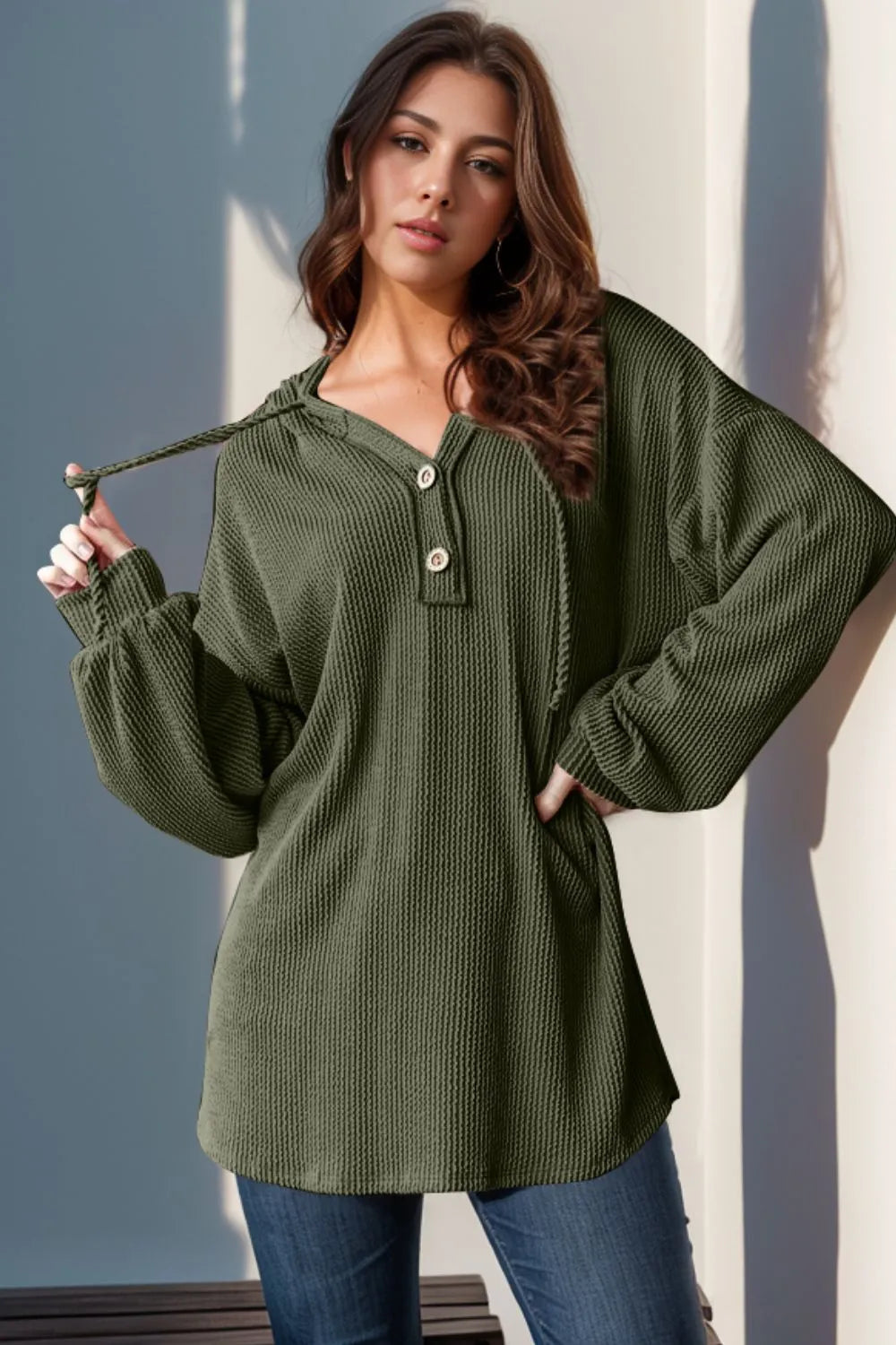 Caftan Double Take à capuche et à manches longues, demi-boutons, pleine taille