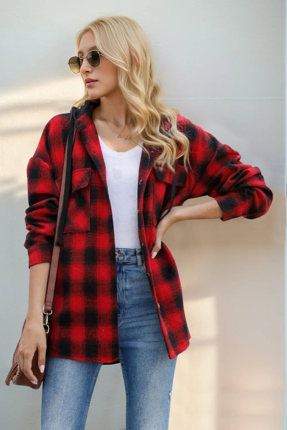 Double Take Plaid-Langarm-Kapuzenshacket mit Tunnelzug
