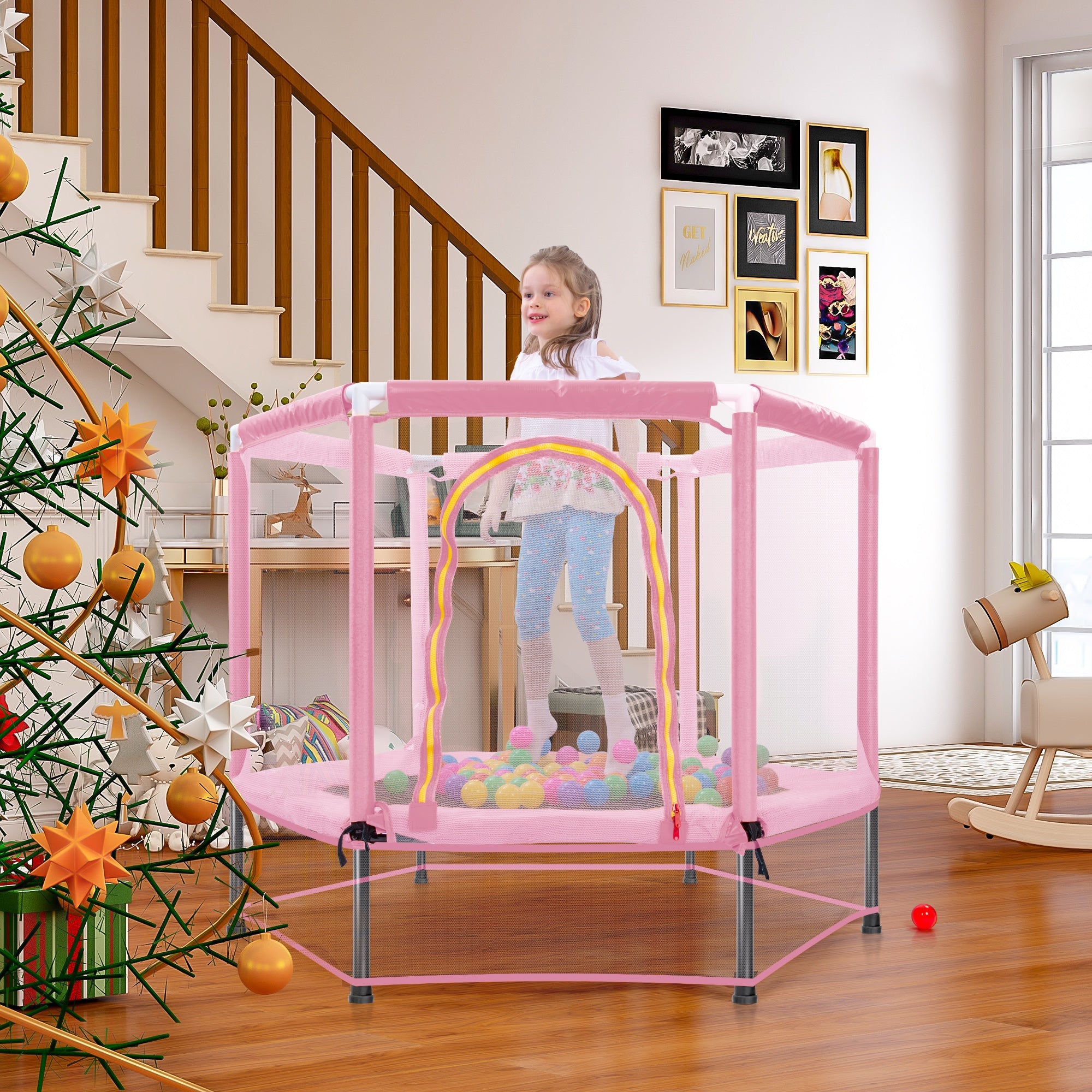 Trampoline pour tout-petits 55'' avec filet de sécurité et balles, mini trampoline intérieur/extérieur pour enfants