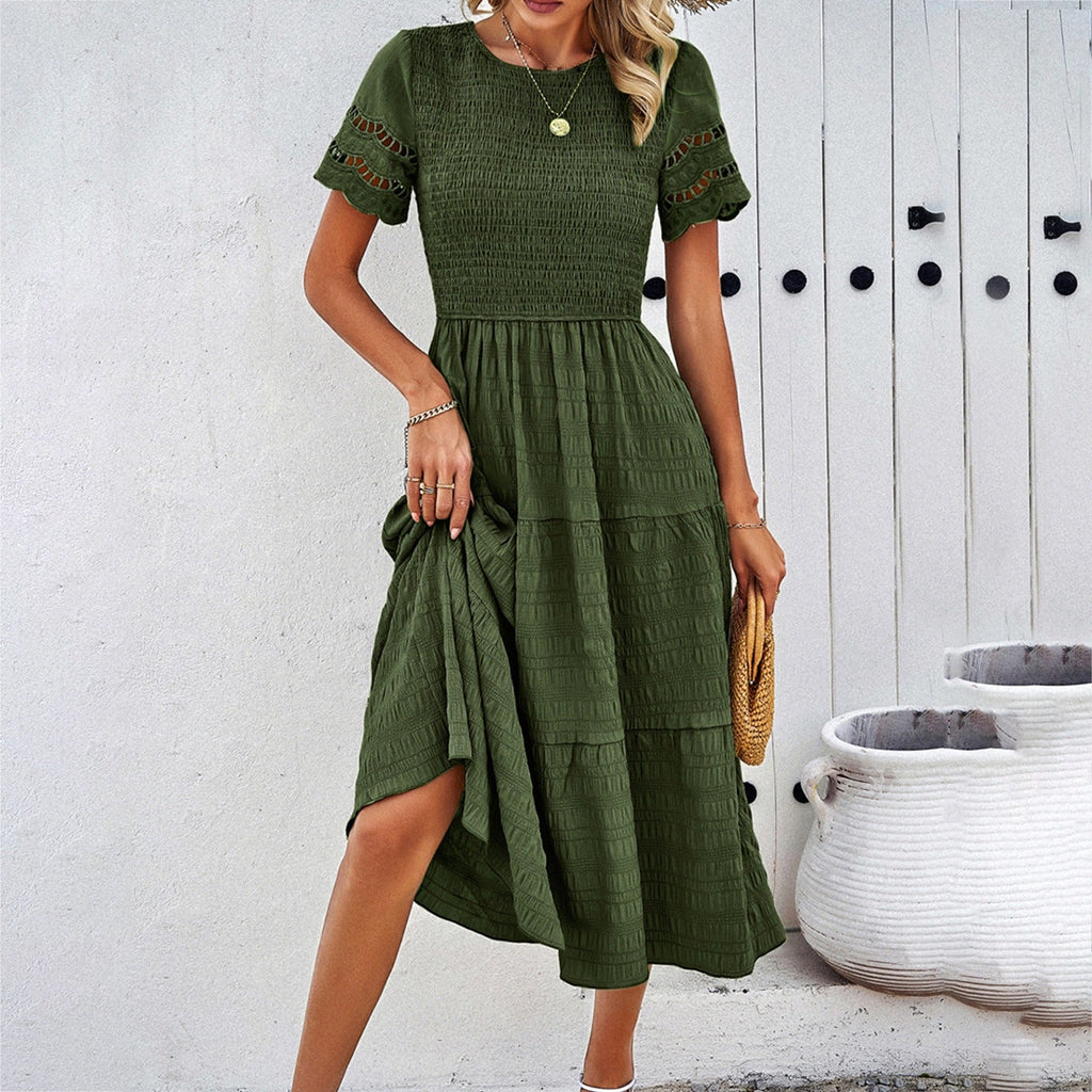 Robe plissée évidée unie, tempérament printemps-été