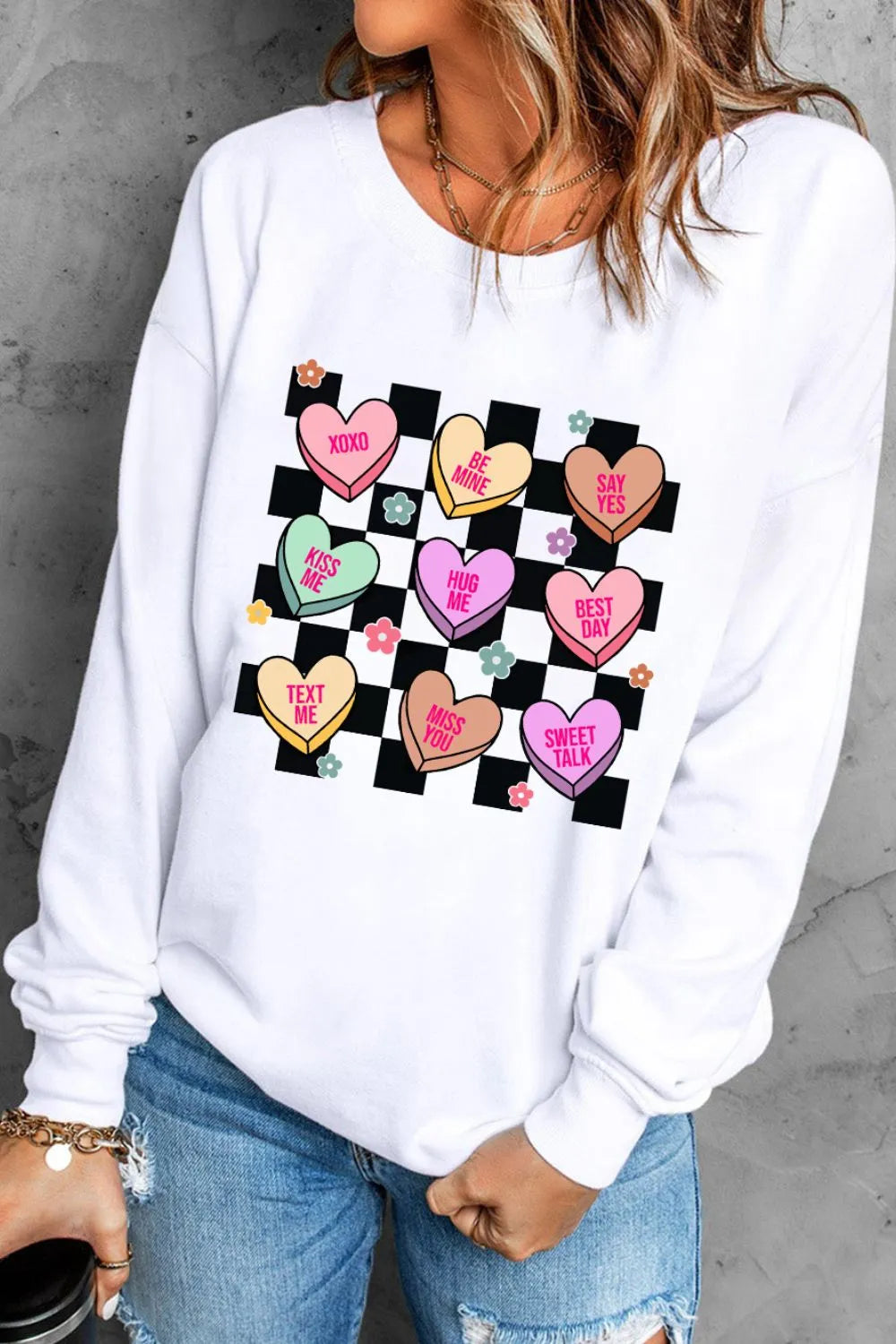 Sweat-shirt à manches longues et motif cœur à carreaux pour la Saint-Valentin
