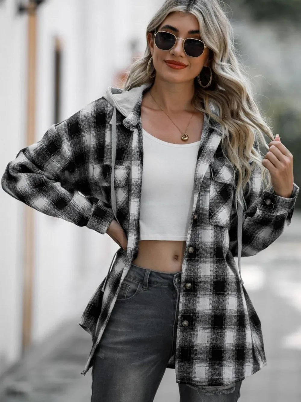 Double Take Plaid-Langarm-Kapuzenshacket mit Tunnelzug
