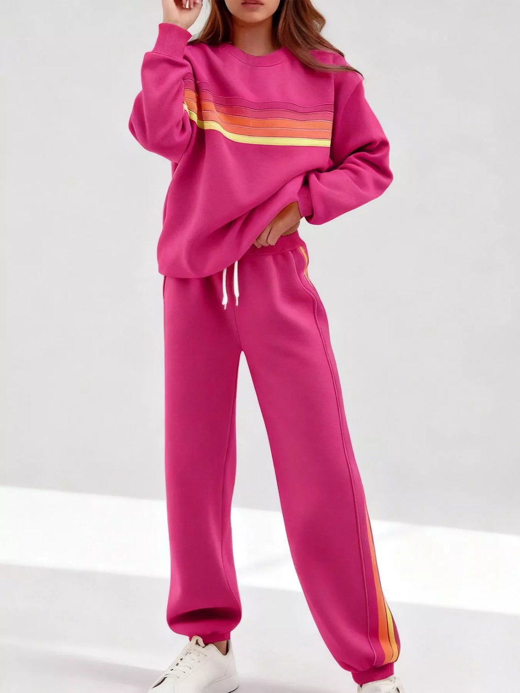 Gestreiftes Rundhals-Sweatshirt und Hose Set