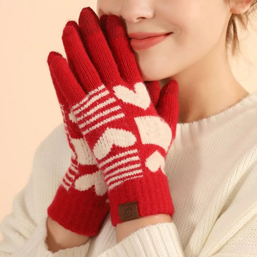 Gants tactiles en tricot motif cœur