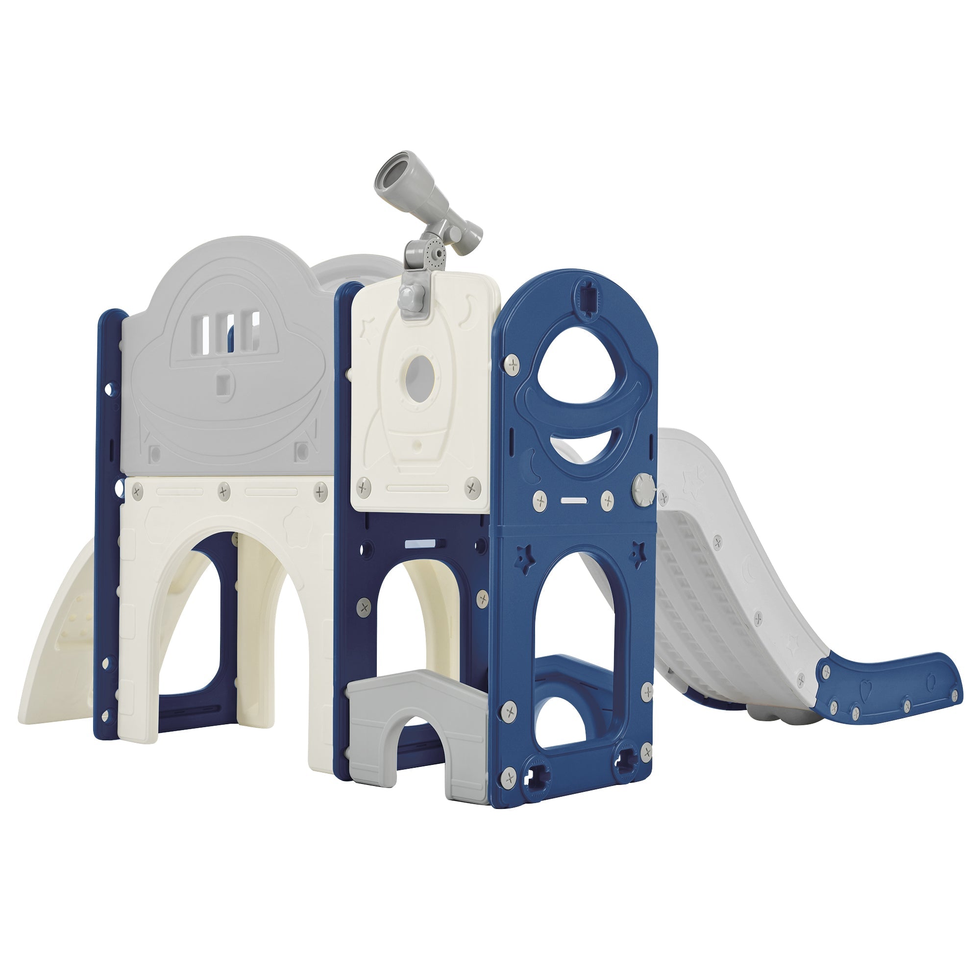 Kinderrutsche Spielplatzstruktur 7-in-1, freistehendes Raumschiff-Set mit Rutsche, Bogentunnel Blau+Grau + HDPE