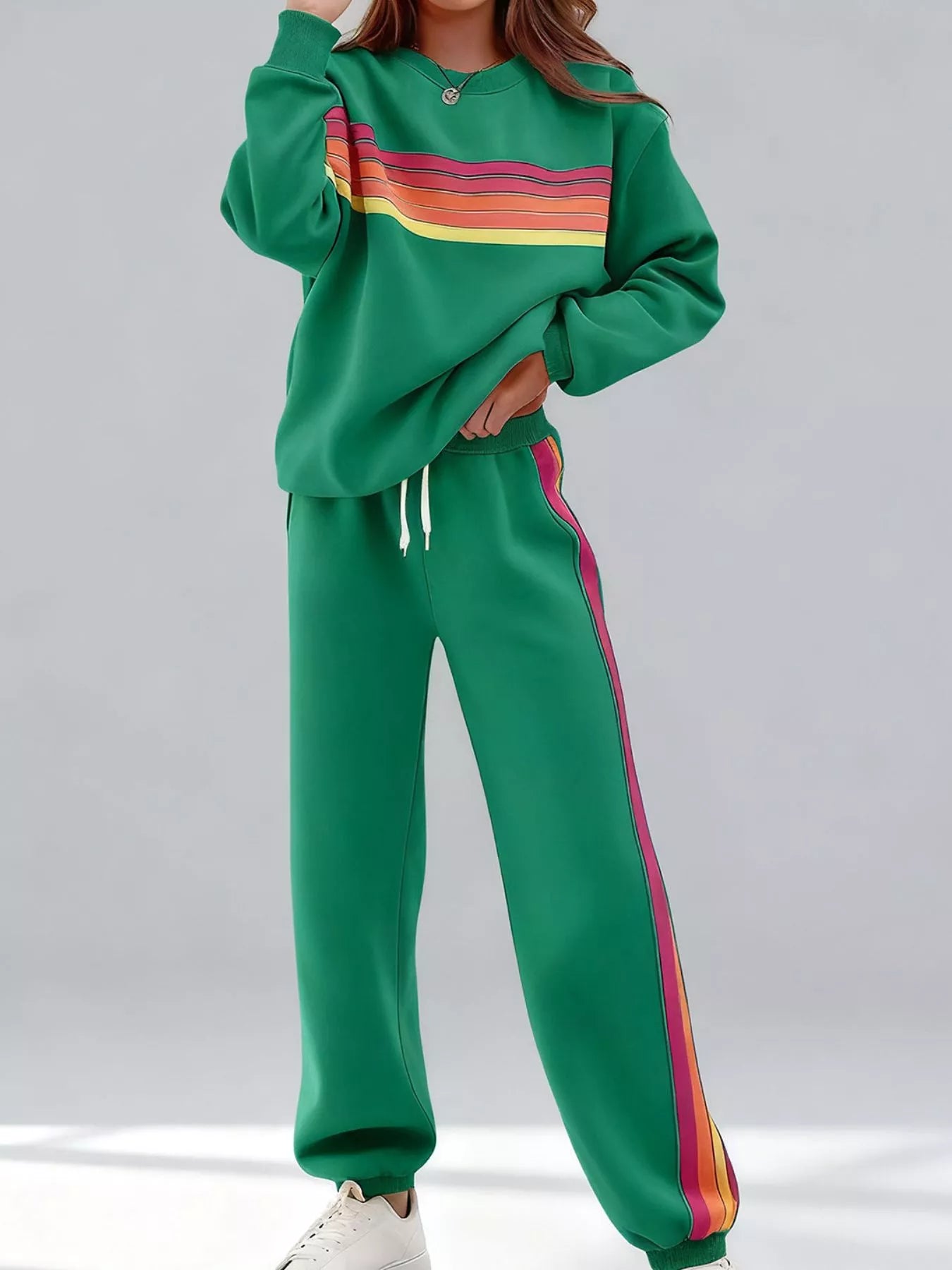 Striped Round Neck Sweatshirt and Pants Set
