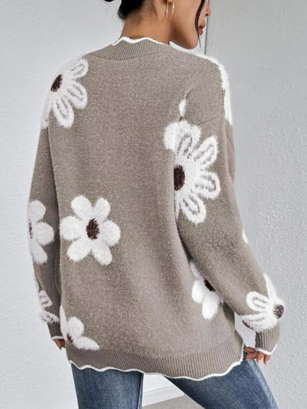 Geblümter V-Ausschnitt Langarm-Pullover