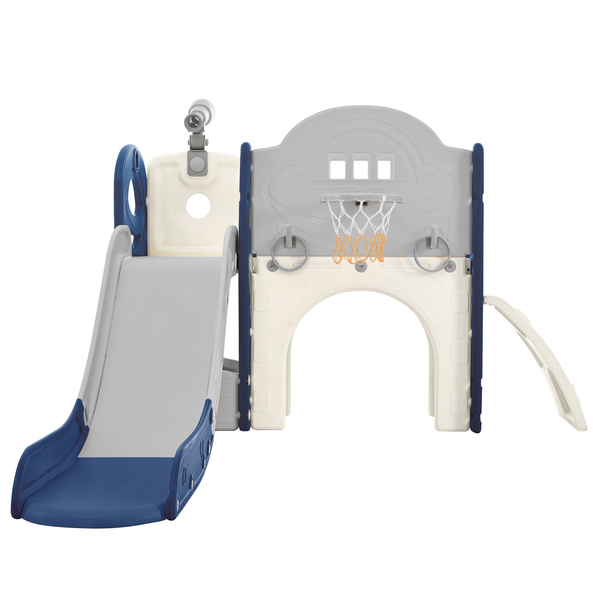 Kinderrutsche Spielplatzstruktur 7-in-1, freistehendes Raumschiff-Set mit Rutsche, Bogentunnel Blau+Grau + HDPE