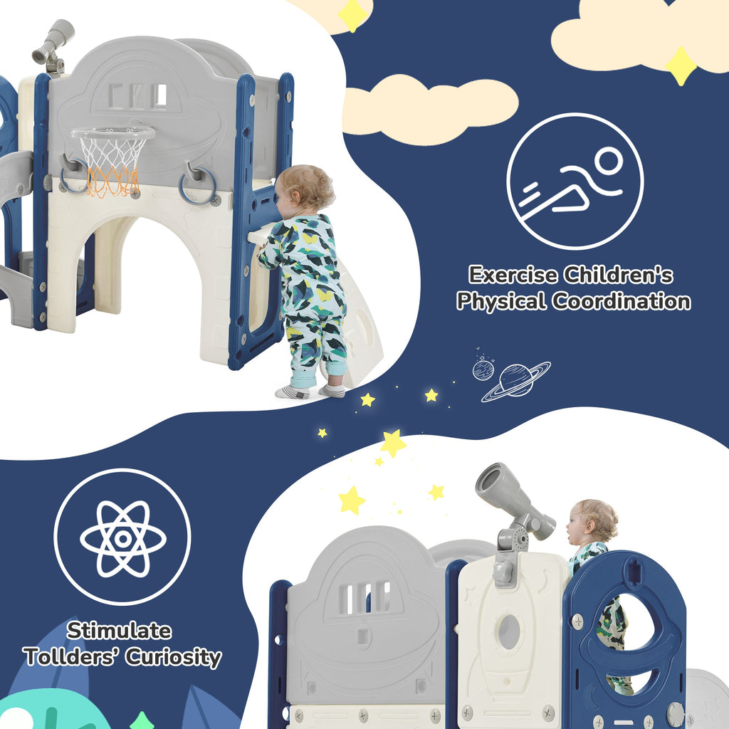 Kinderrutsche Spielplatzstruktur 7-in-1, freistehendes Raumschiff-Set mit Rutsche, Bogentunnel Blau+Grau + HDPE