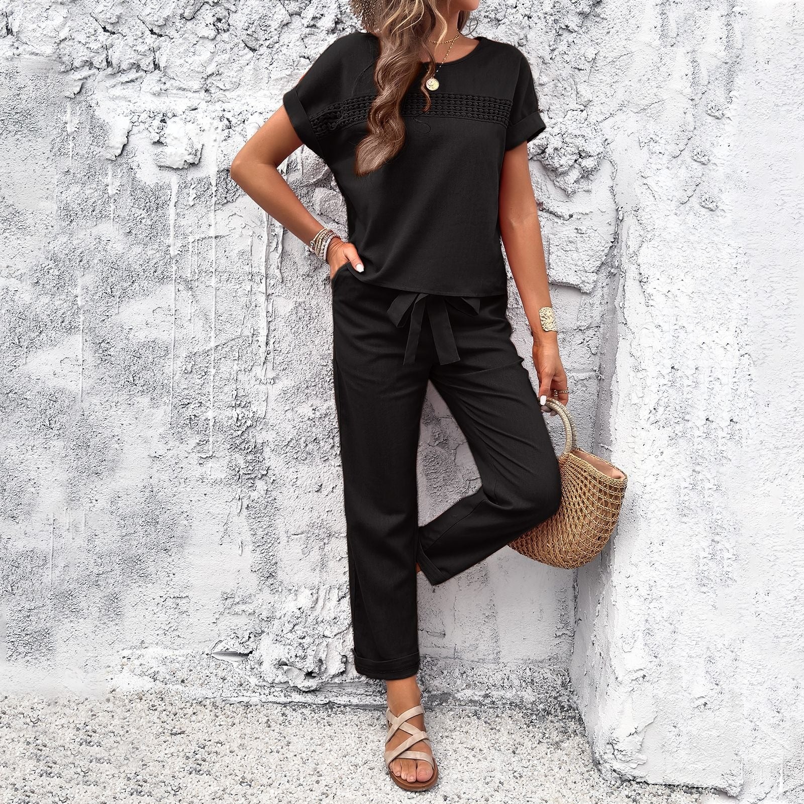Ensemble pantalon et haut décontracté à manches courtes pour femme, collection printemps-été