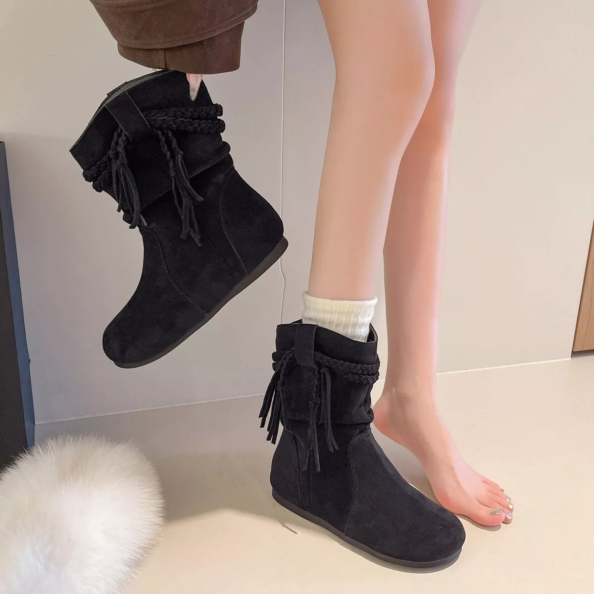 Bottes à bout rond en suède à franges