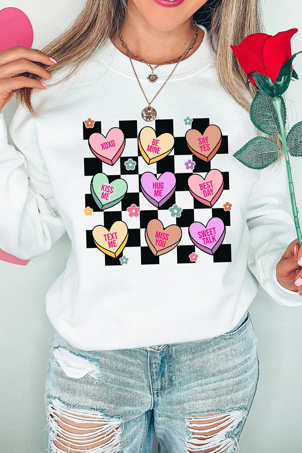 Sweat-shirt à manches longues et motif cœur à carreaux pour la Saint-Valentin
