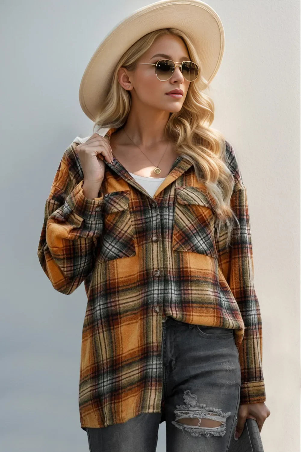 Double Take Plaid-Langarm-Kapuzenshacket mit Tunnelzug
