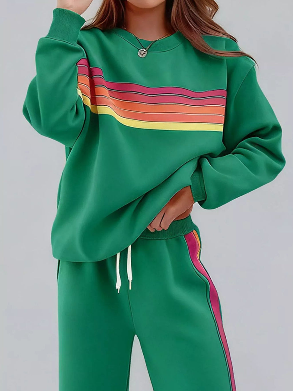 Gestreiftes Rundhals-Sweatshirt und Hose Set