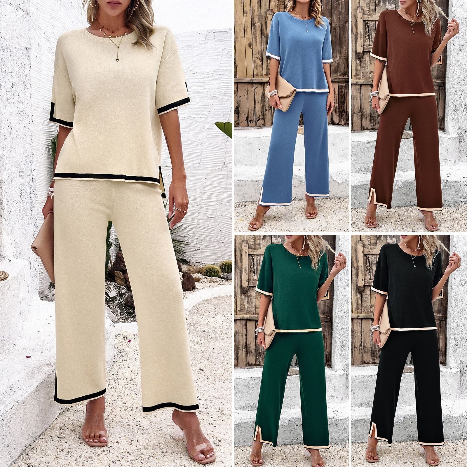 Mode Damen Frühling und Sommer Temperament lässiger kurzärmeliger Strickanzug